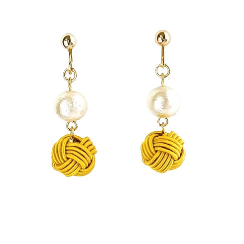 パール付き玉結びピアス/イヤリング【レッド・オレンジ・からし・ベージュ】