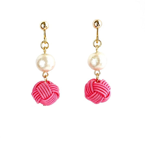 パール付き玉結びピアス/イヤリング【ピンク・グリーン系】