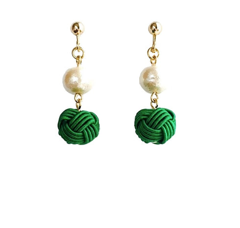 パール付き玉結びピアス/イヤリング【ピンク・グリーン系】