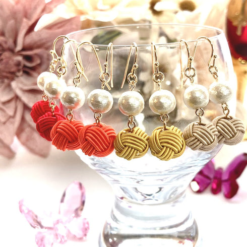 パール付き玉結びピアス/イヤリング【レッド・オレンジ・からし・ベージュ】