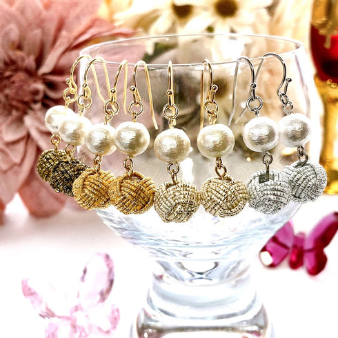 パール付き玉結びピアス/イヤリング【シルバーゴールド系】