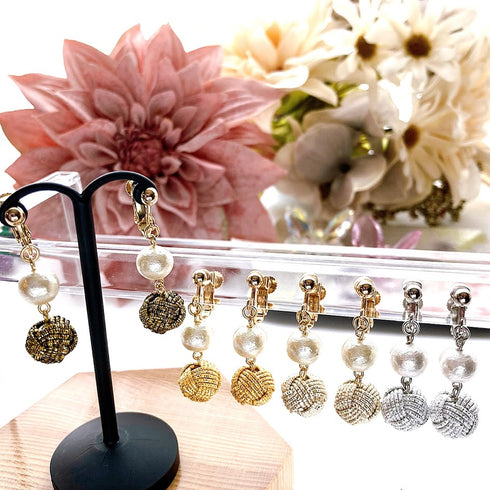 パール付き玉結びピアス/イヤリング【シルバーゴールド系】