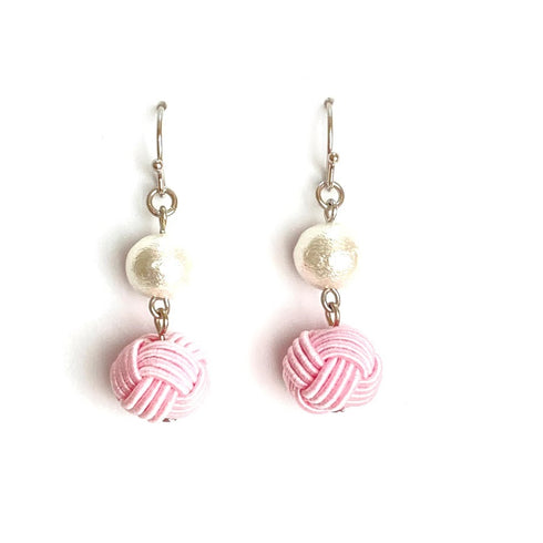 パール付き玉結びピアス/イヤリング【ピンク・グリーン系】
