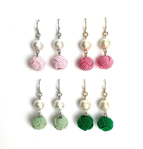 パール付き玉結びピアス/イヤリング【ピンク・グリーン系】